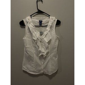 Izod Ladies XS White Button Down Ruffle Neck-Front Sleeveless Blouse Top NWT $62